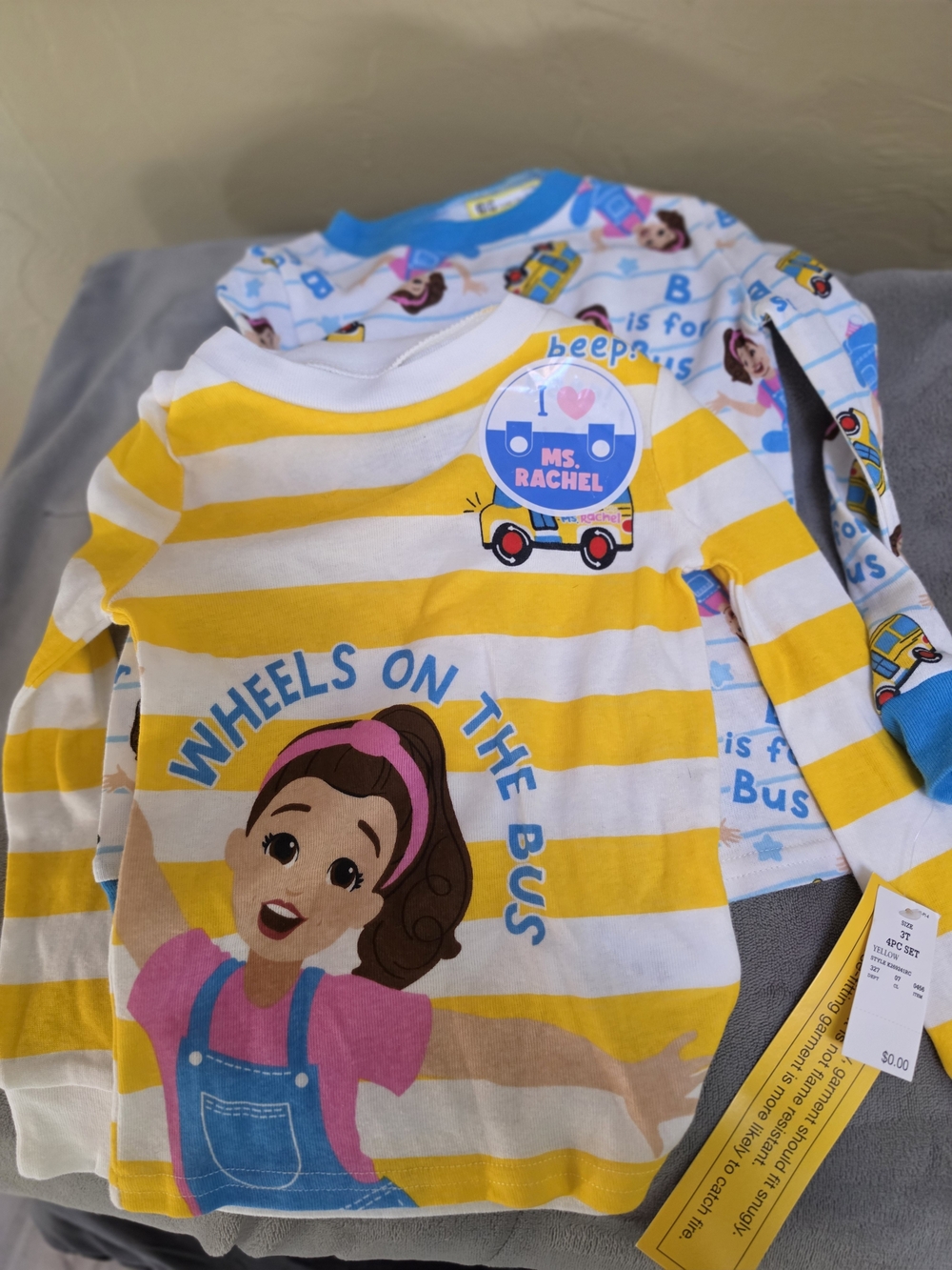 Rachel Kids Yellow and White Striped "Wheels on the Bus" Pajama Top